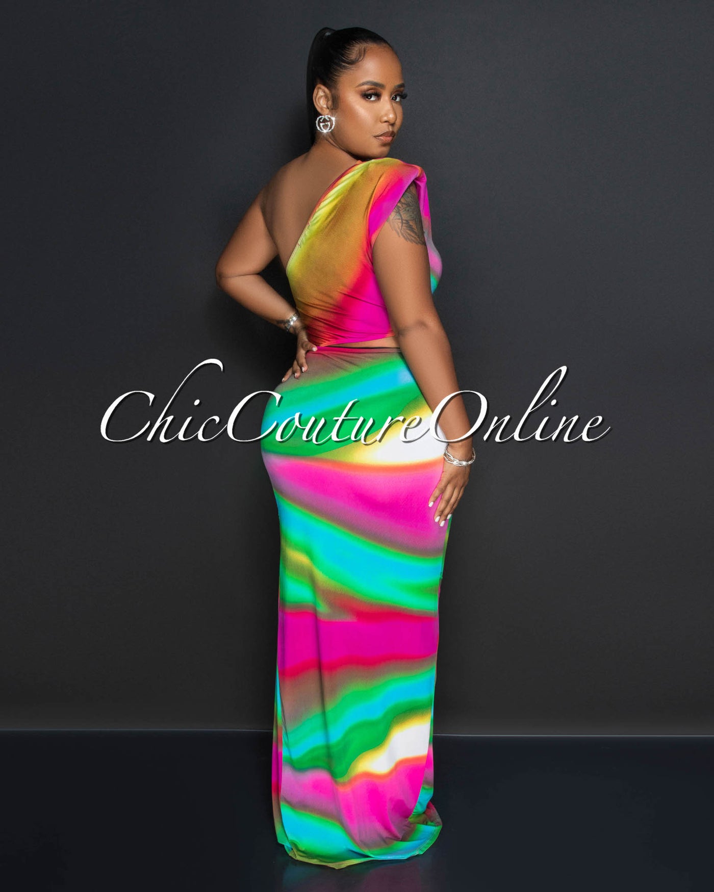 Cloris Multi-Color Print Cut-Out Ruffle Maxi Dress