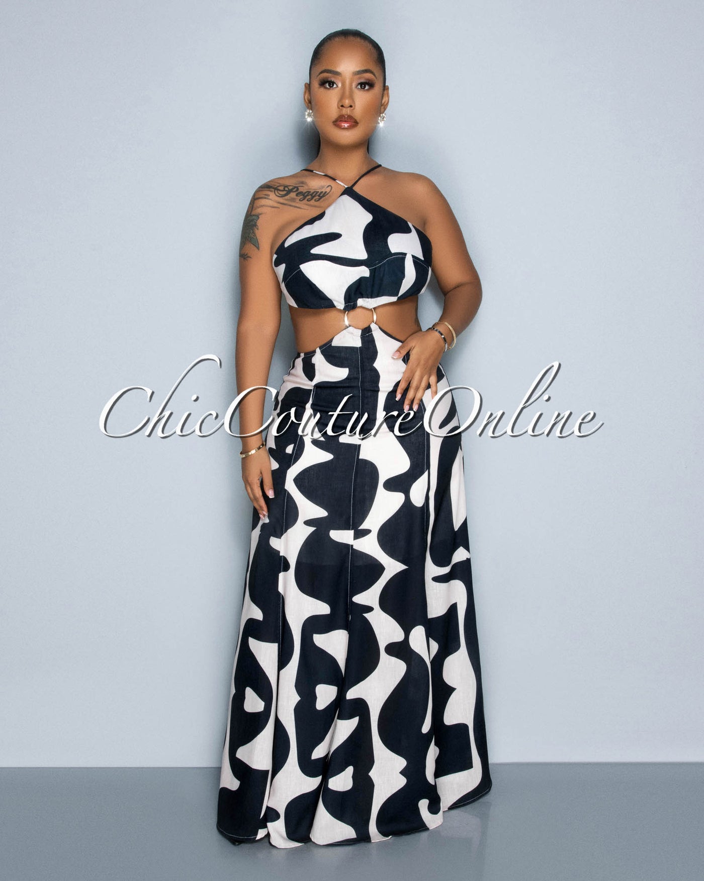 Perine Black Cream Print "O" Ring Cut-Out Maxi Dress