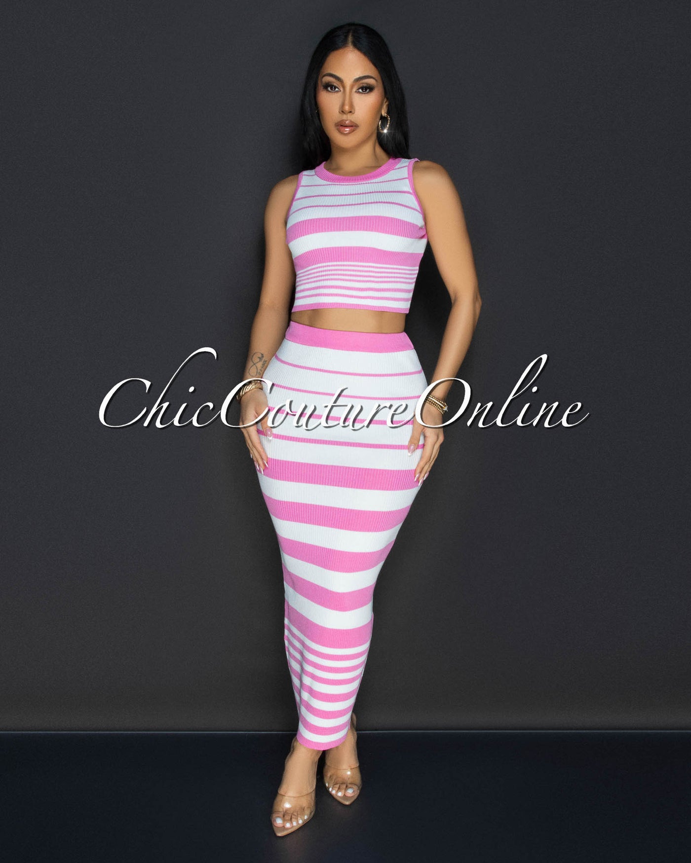 Evaline White Pink Stripes Top & Midi Skirt Set