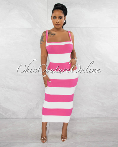 Fontana Pink White Stripes Knit Open Back Midi Dress