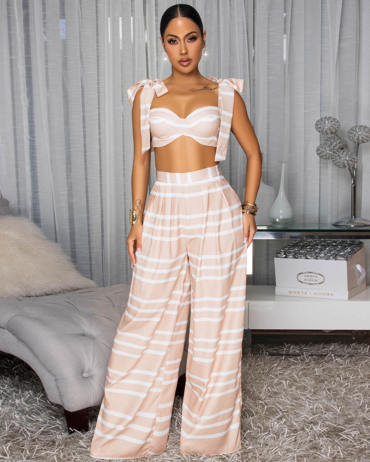 Michelle Nude White Stripes Bustier & Pants Set
