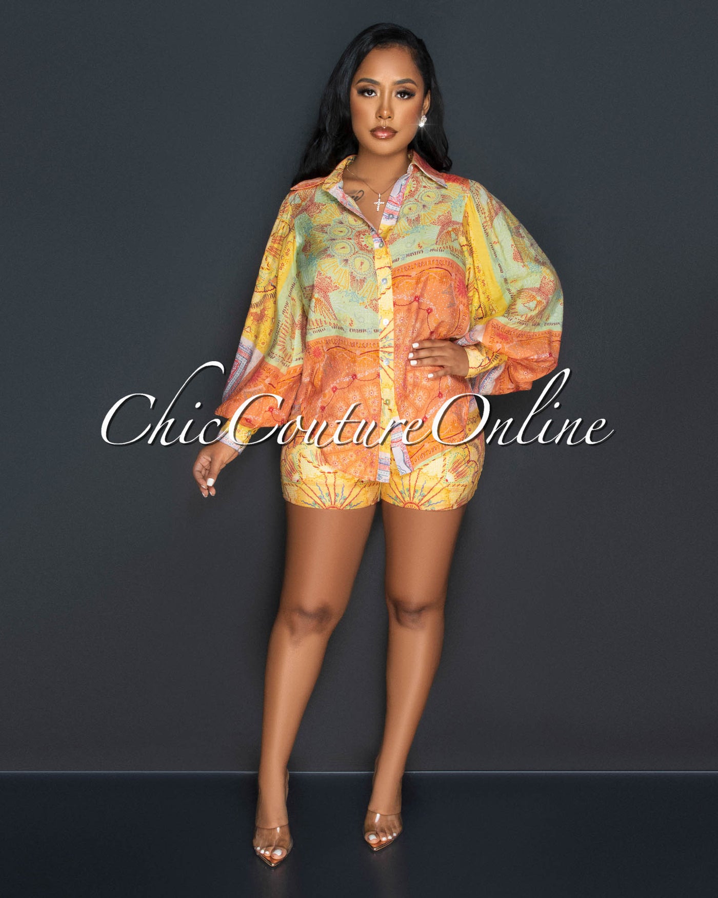 Adya Orange Green Print Shirt & Shorts Set