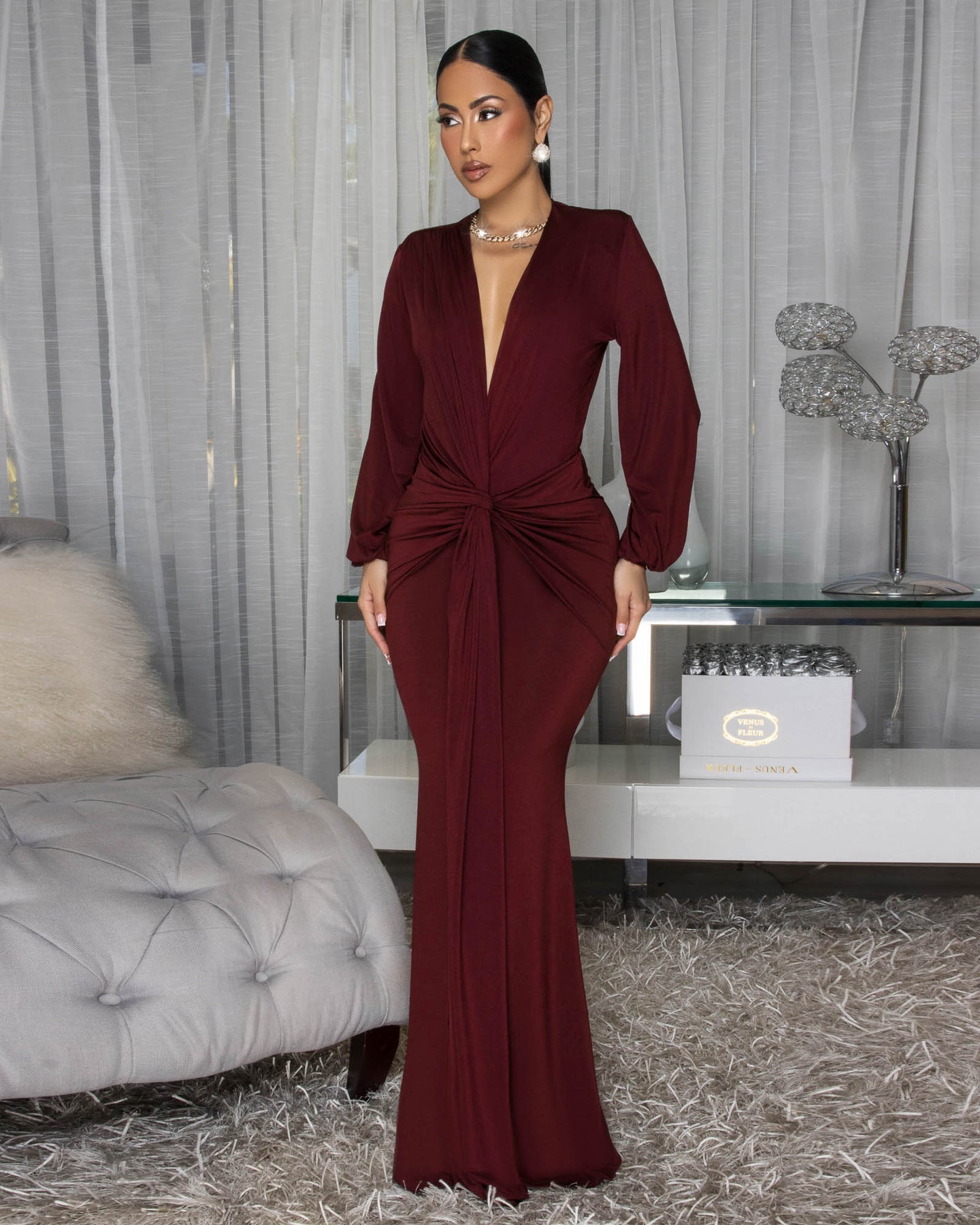 Macy Maroon Knot Front Maxi Dress