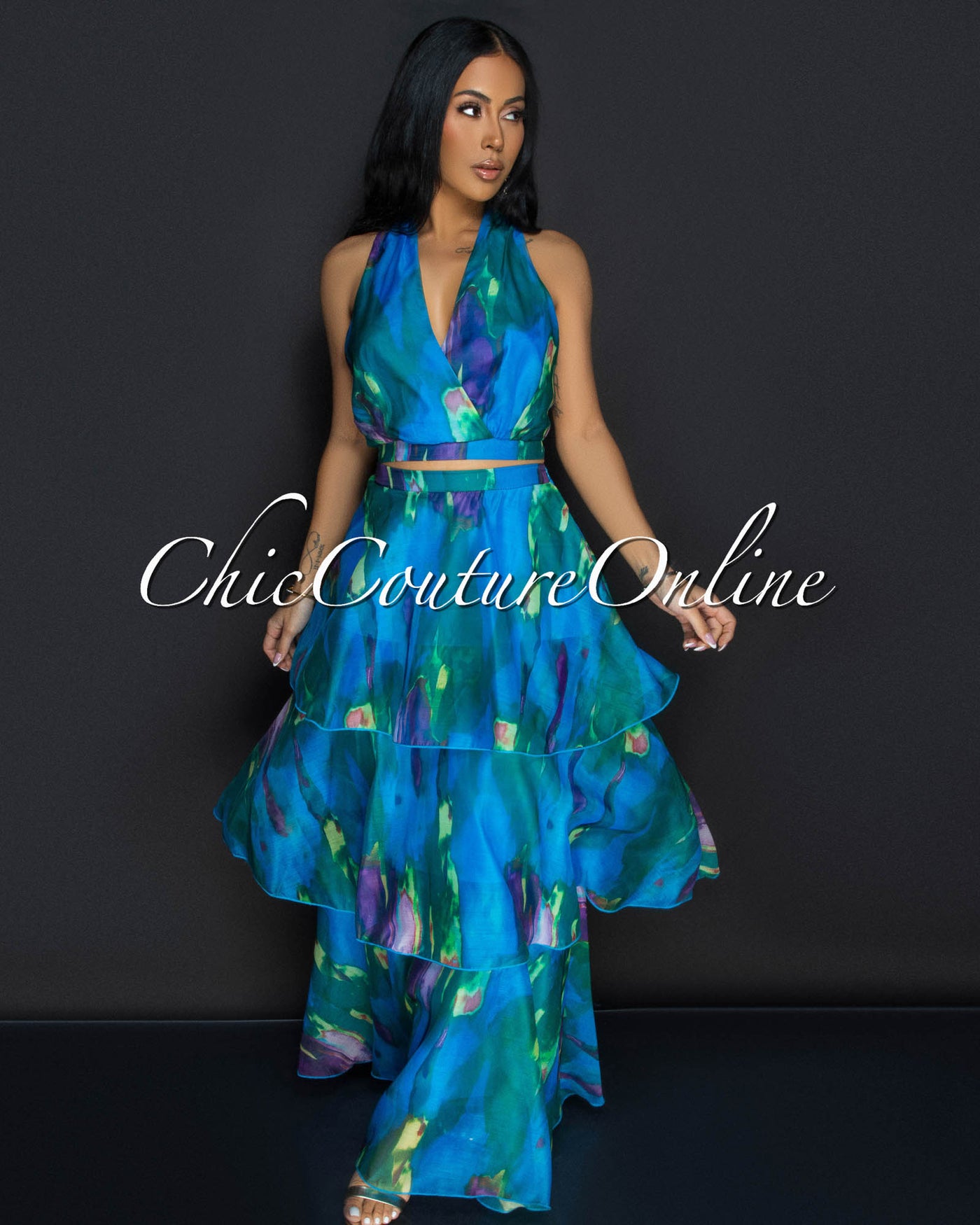 Donica Blue Multi Print Crop Top & Tier Maxi Skirt Set