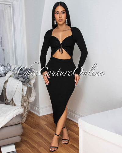 Jaadia Black Ribbed Cut-Out Bust Midi Dress