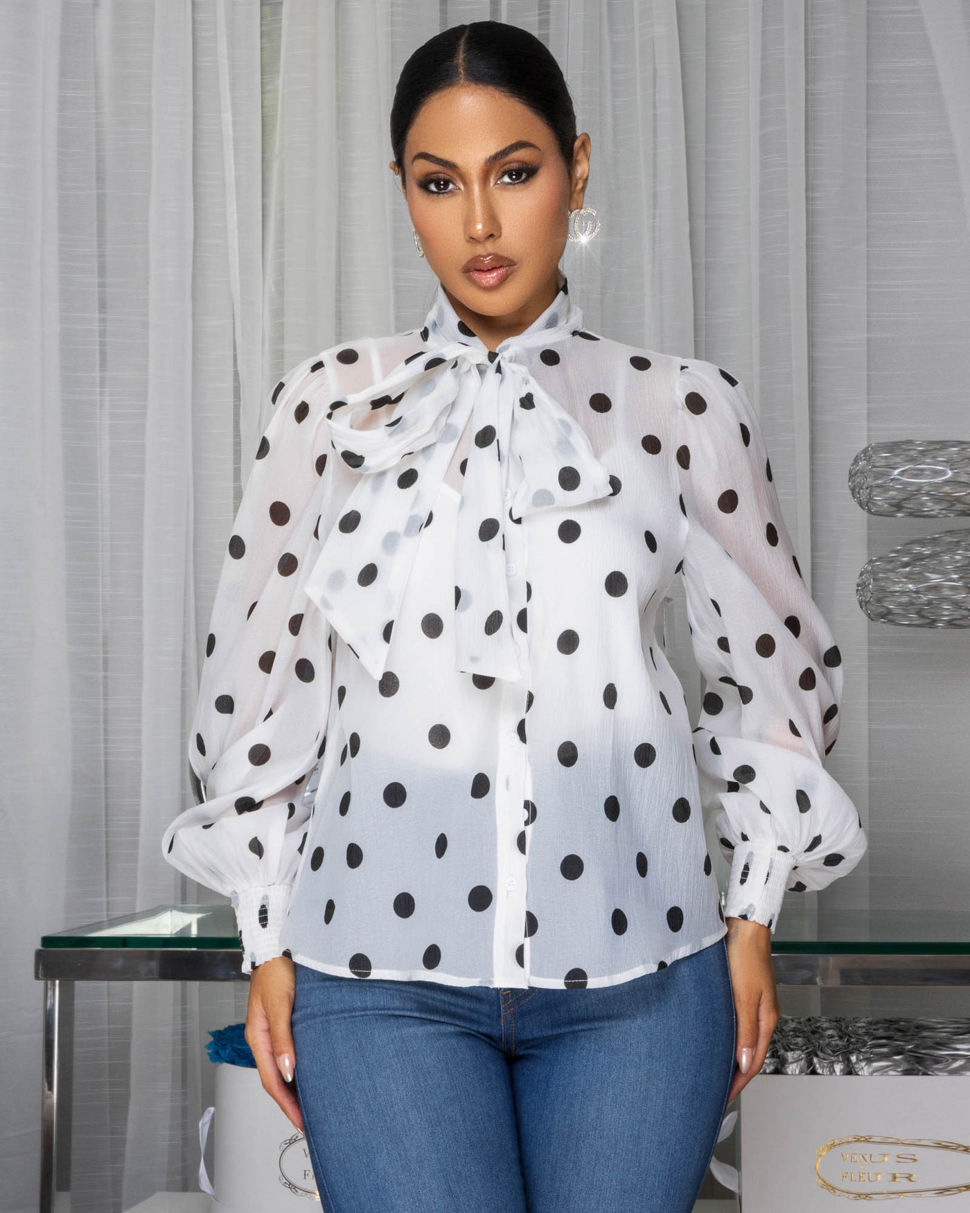 Melina White Black Polka Dot Collared Linen Shirt
