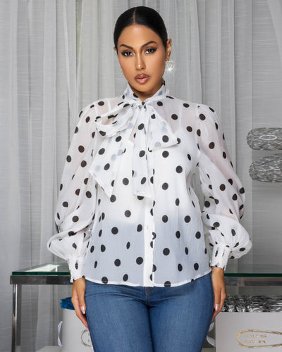 Melina White Black Polka Dot Collared Linen Shirt
