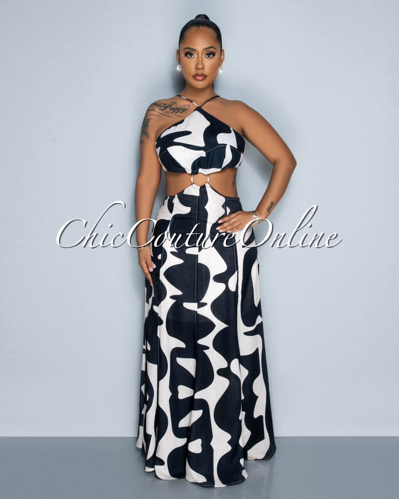 Perine Black Cream Print "O" Ring Cut-Out Maxi Dress