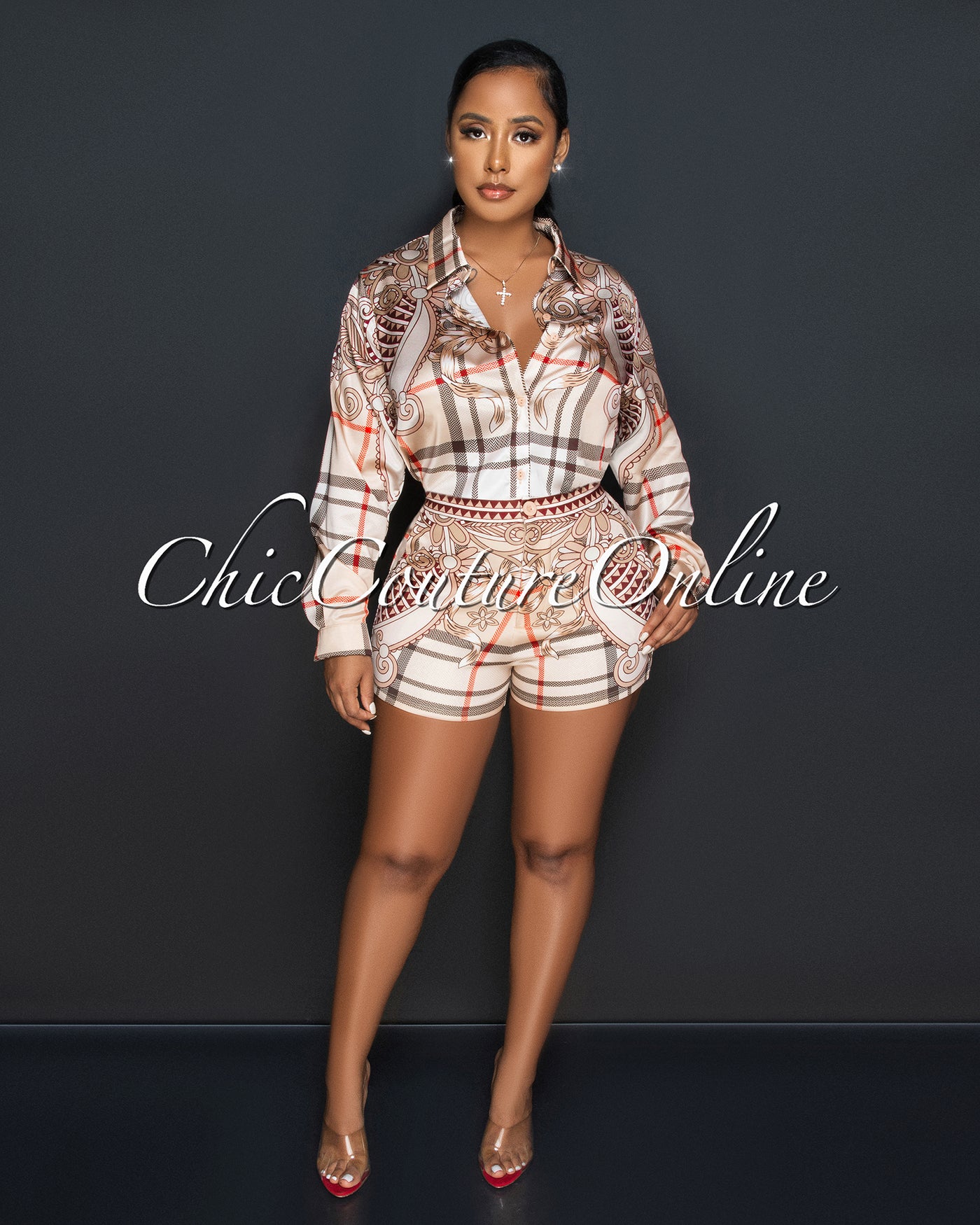 Bethany Nude Plaid Print Silky Shirt & Shorts Set