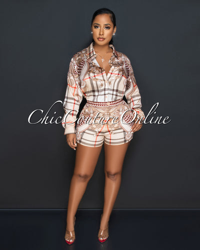 Bethany Nude Plaid Print Silky Shirt & Shorts Set