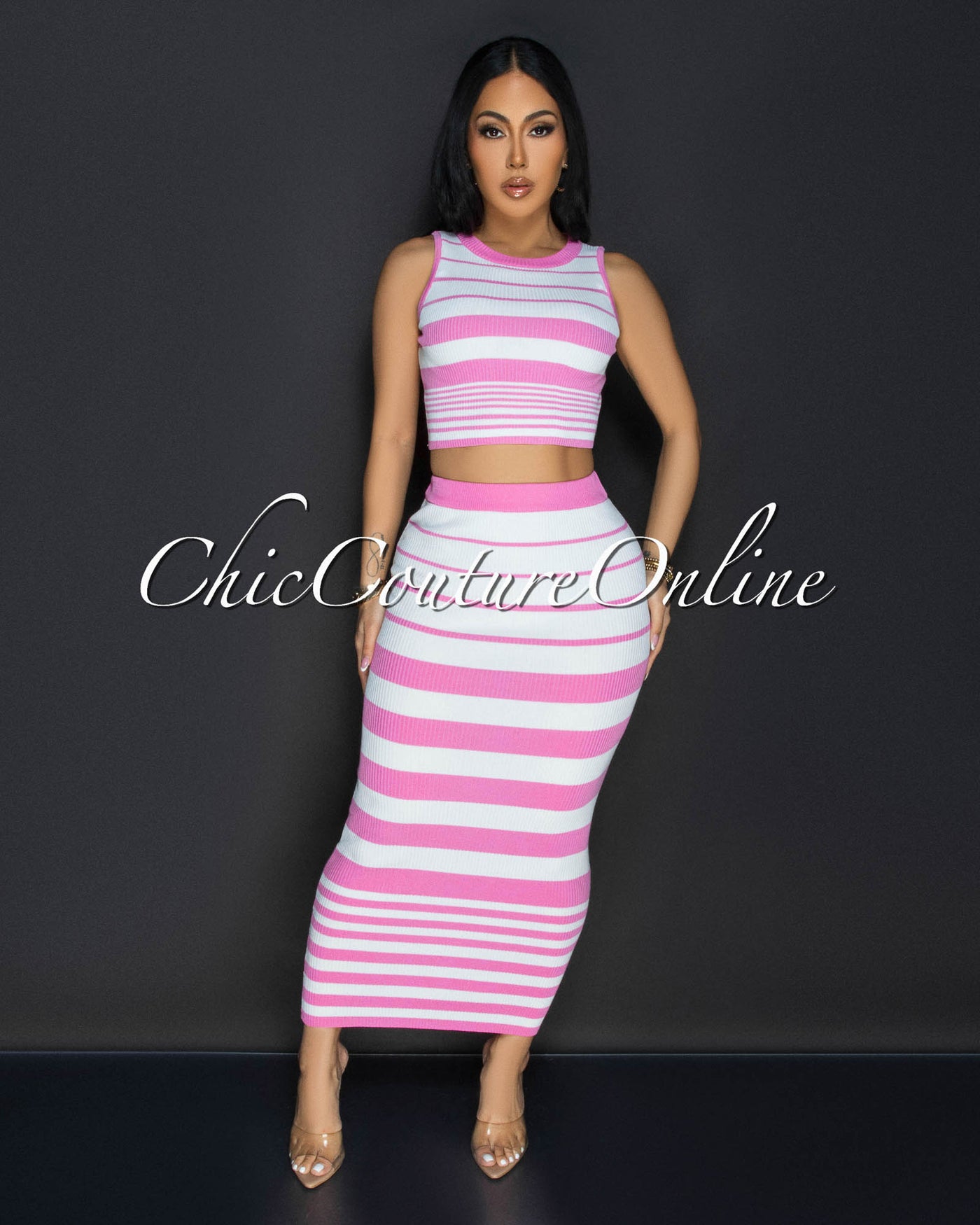 Evaline White Pink Stripes Top & Midi Skirt Set