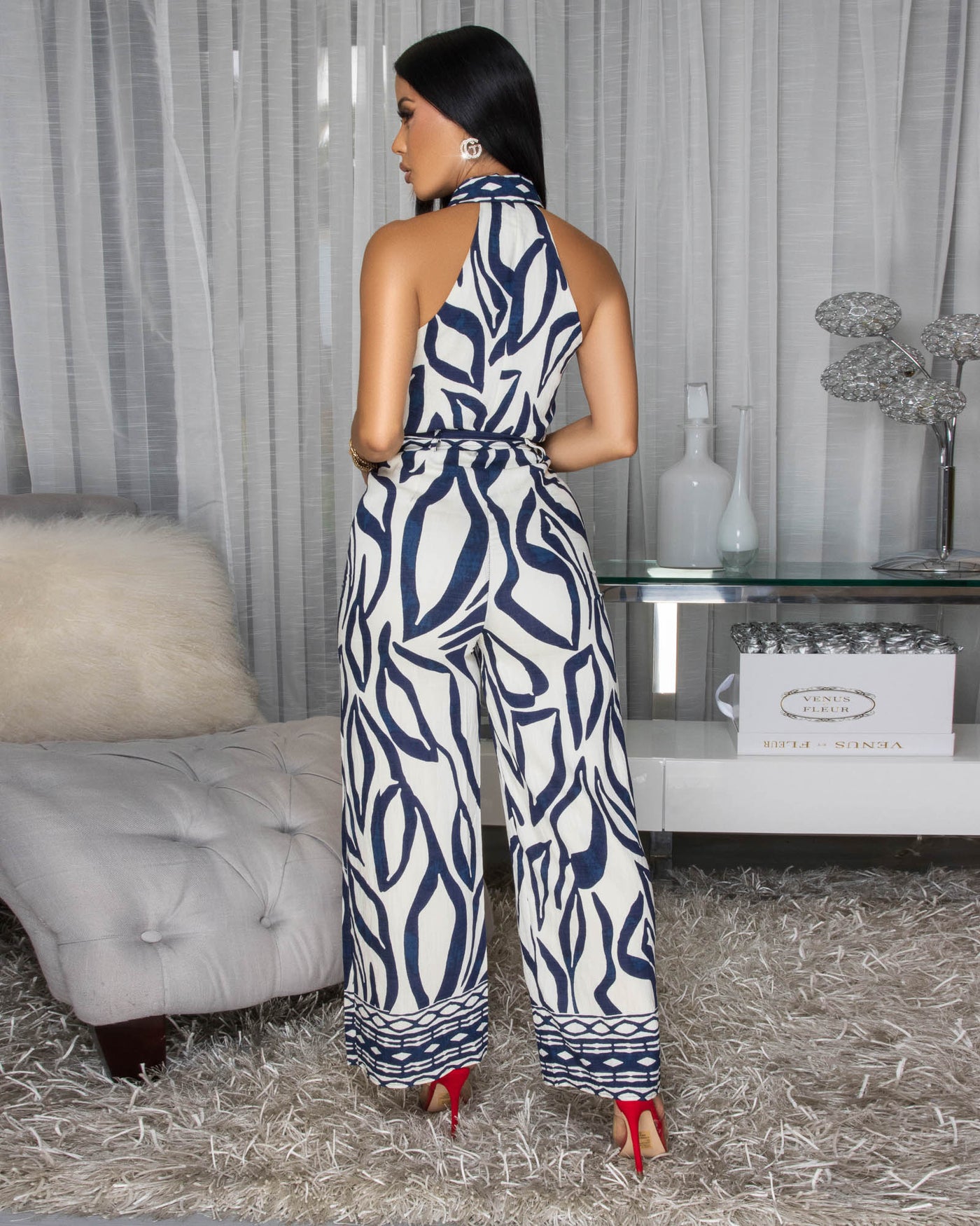 Selia Navy-Blue Cream Floral Print Jumpsuit