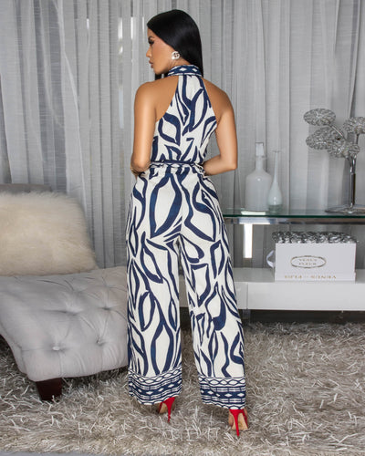 Selia Navy-Blue Cream Floral Print Jumpsuit