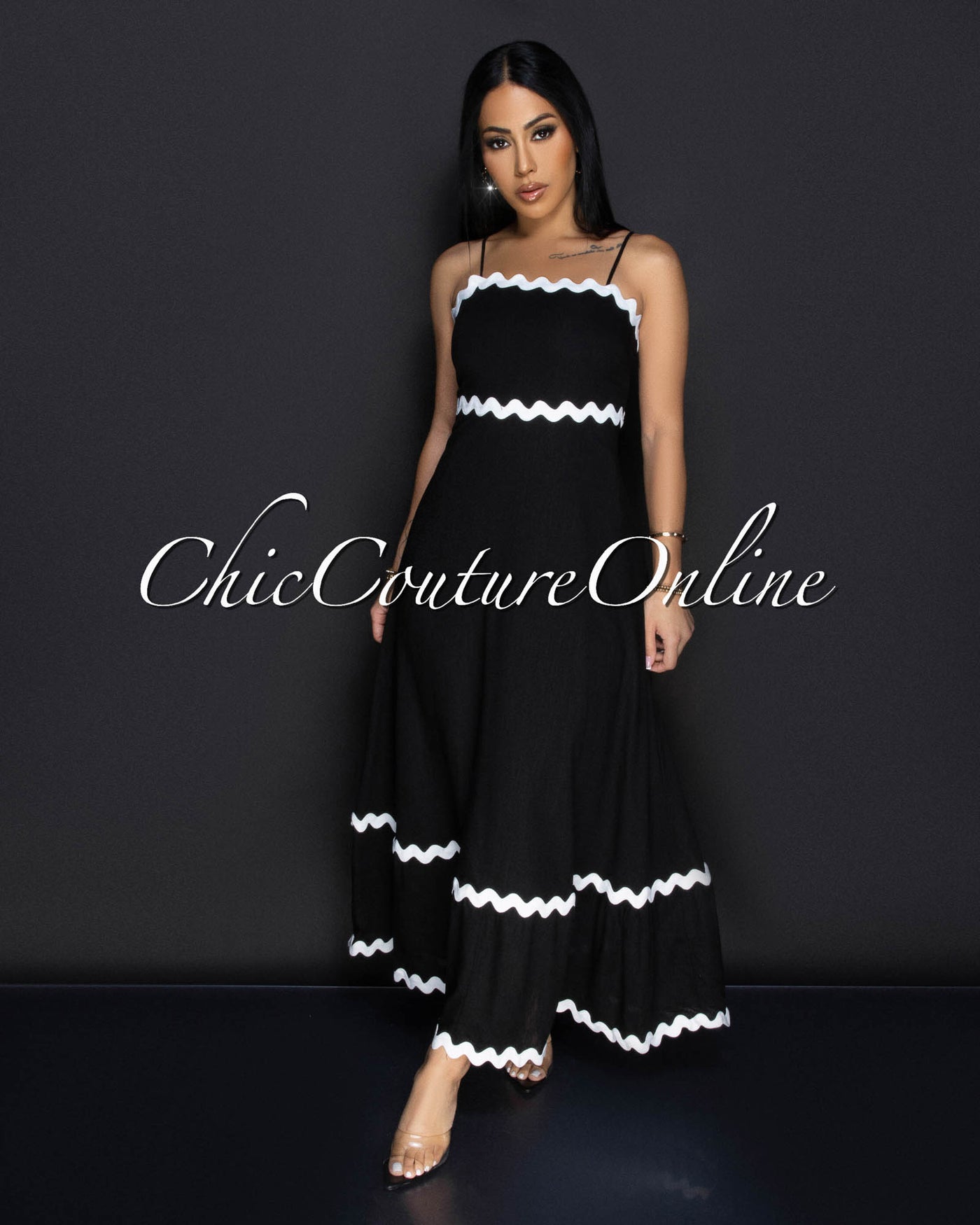 Joss Black White Trimming Linen Maxi Dress