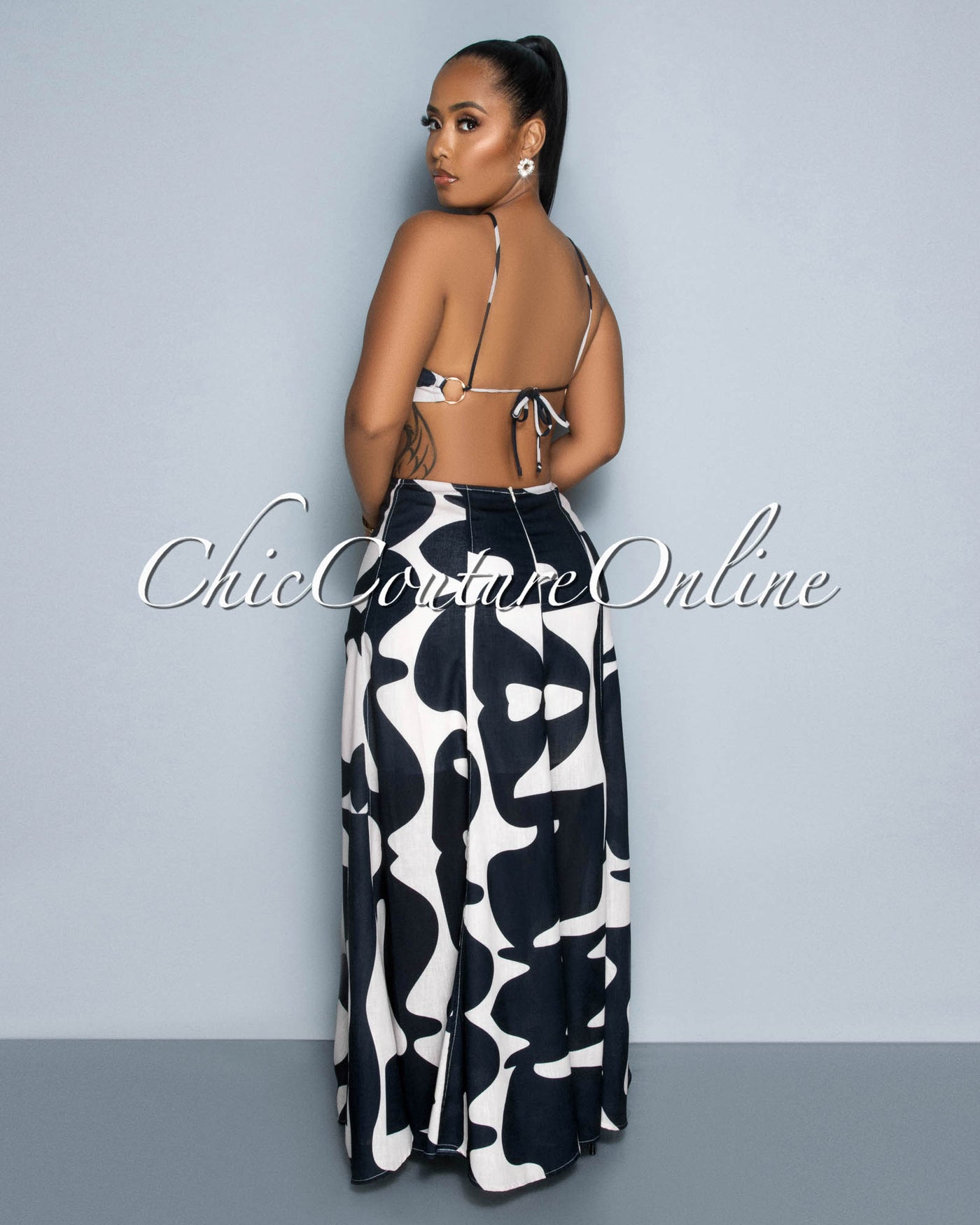 Perine Black Cream Print "O" Ring Cut-Out Maxi Dress