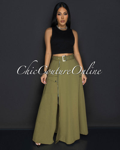 Molly Army Green Zipper Slit Maxi Skirt