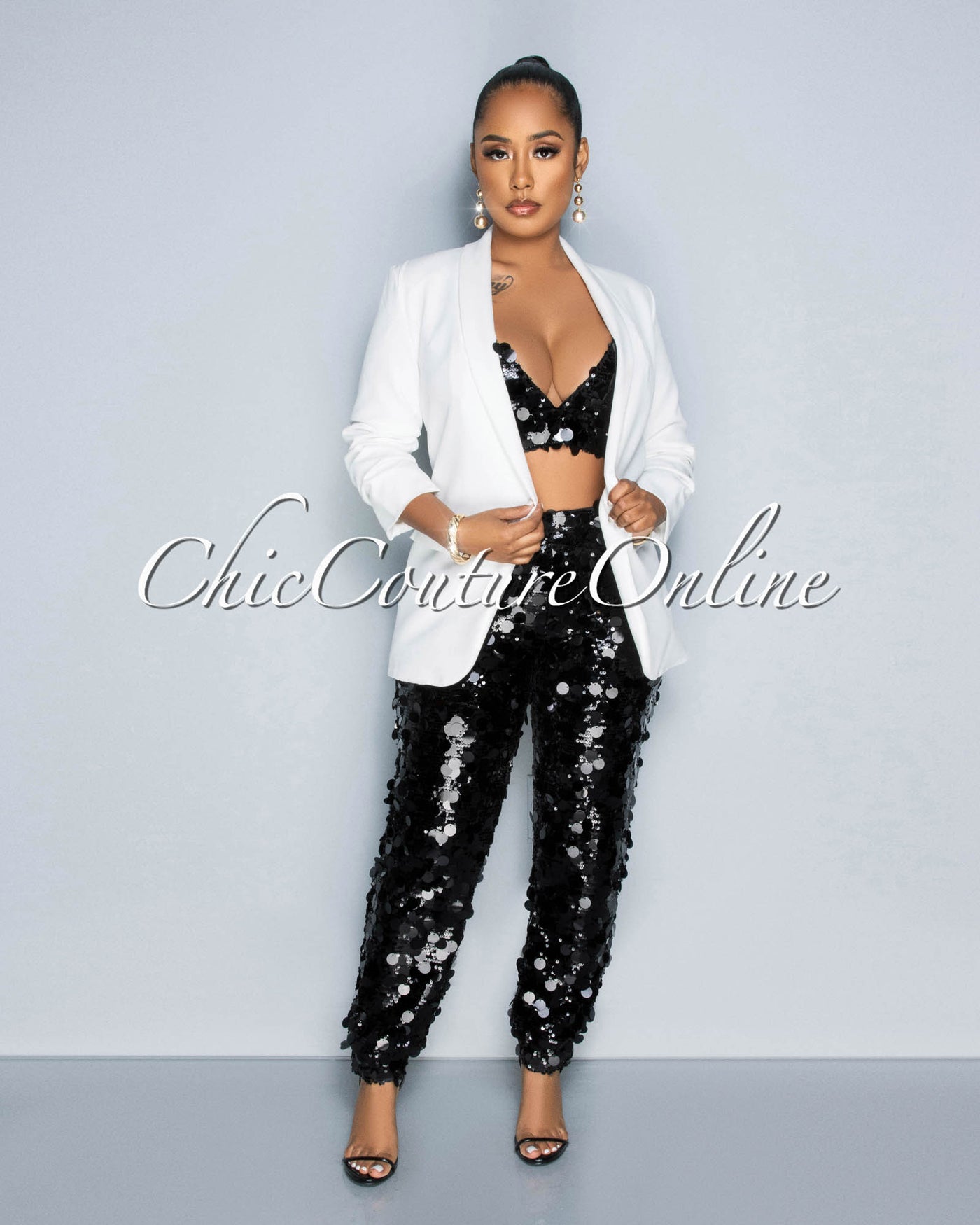 Bouser Black Iridescent Sequins Crop Top & Pants Set