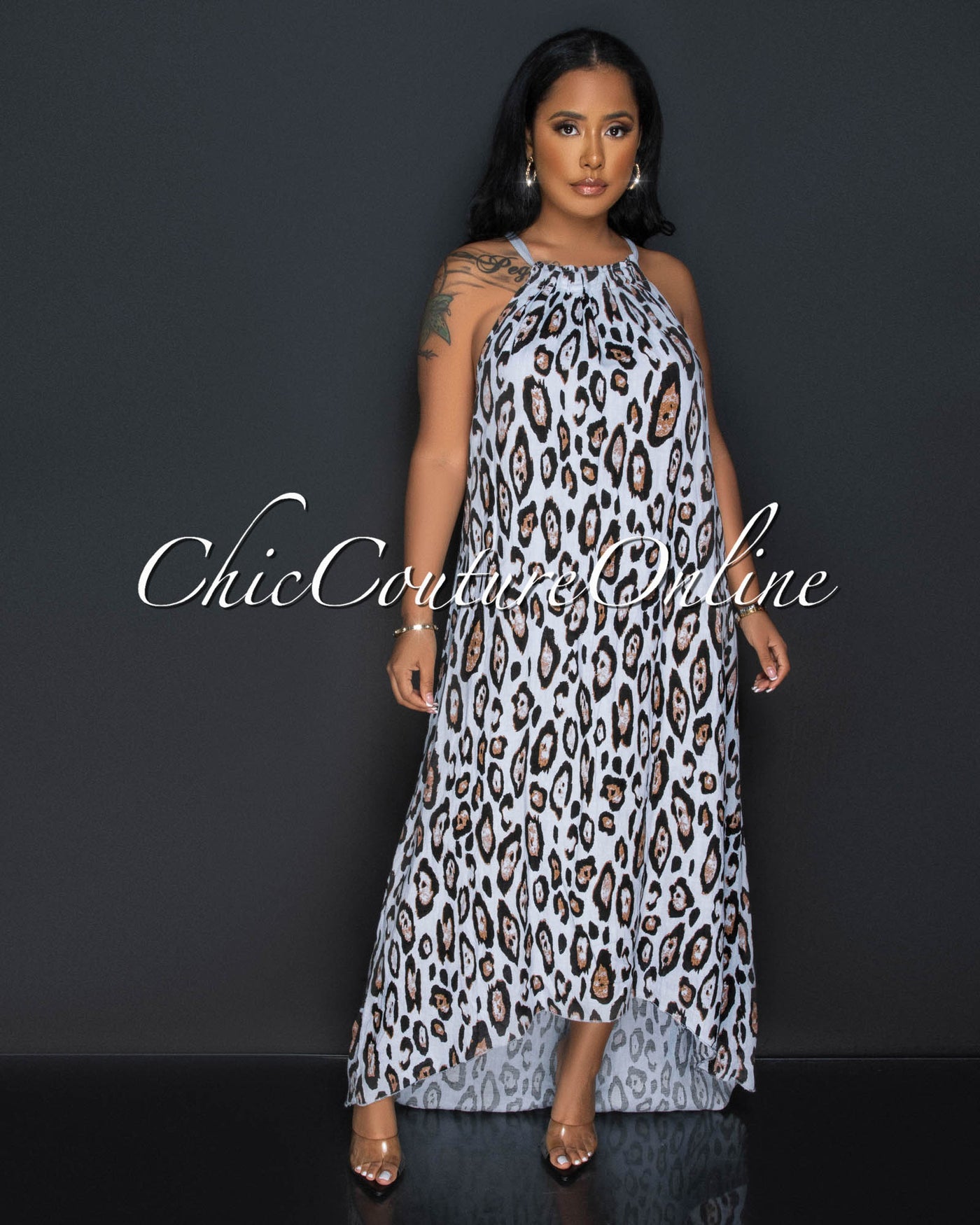 *Teesa Baby Blue Leopard Print High-Low Halter LINEN Dress