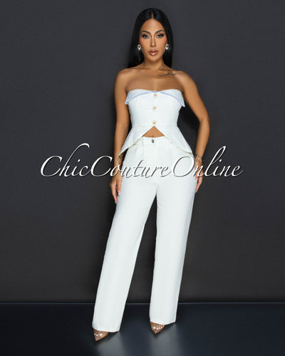 Ilary Off-White Strapless Peplum Top & Pants Set