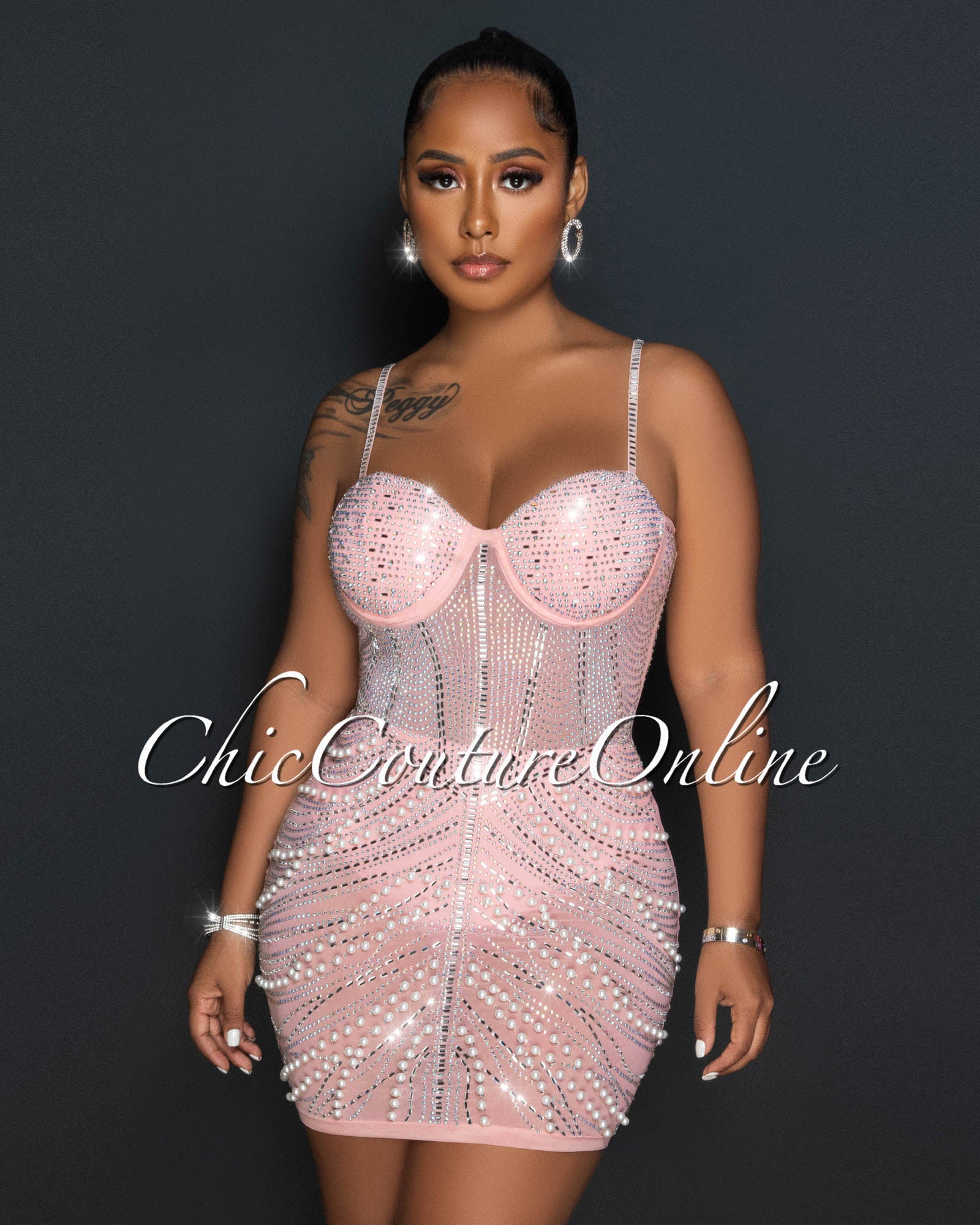 *Peron Baby Pink Mesh Silver Studs Mini Dress