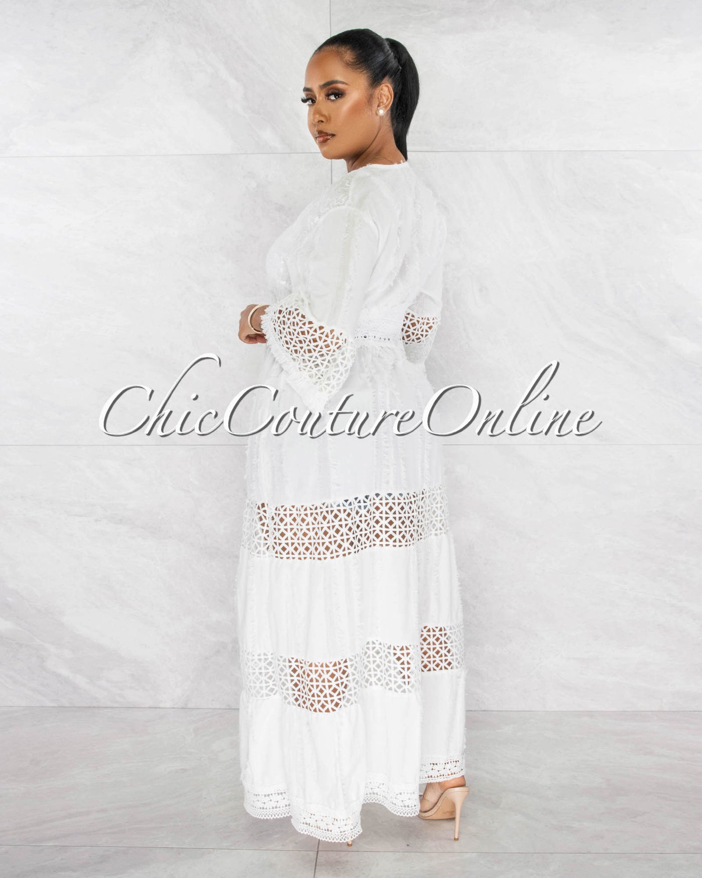 *Sergio Off-White Crochet Sequins Long Duster