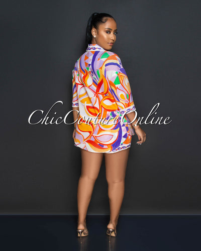 Kristina Orange Lilac Multi-Color Print Shirt & Shorts Set