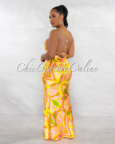 *Nathan Yellow Orange Print Back Gold Link Silky Maxi Dress
