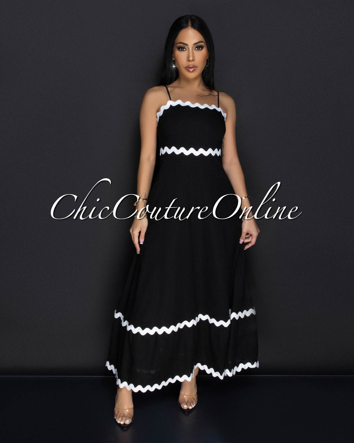 Joss Black White Trimming Linen Maxi Dress