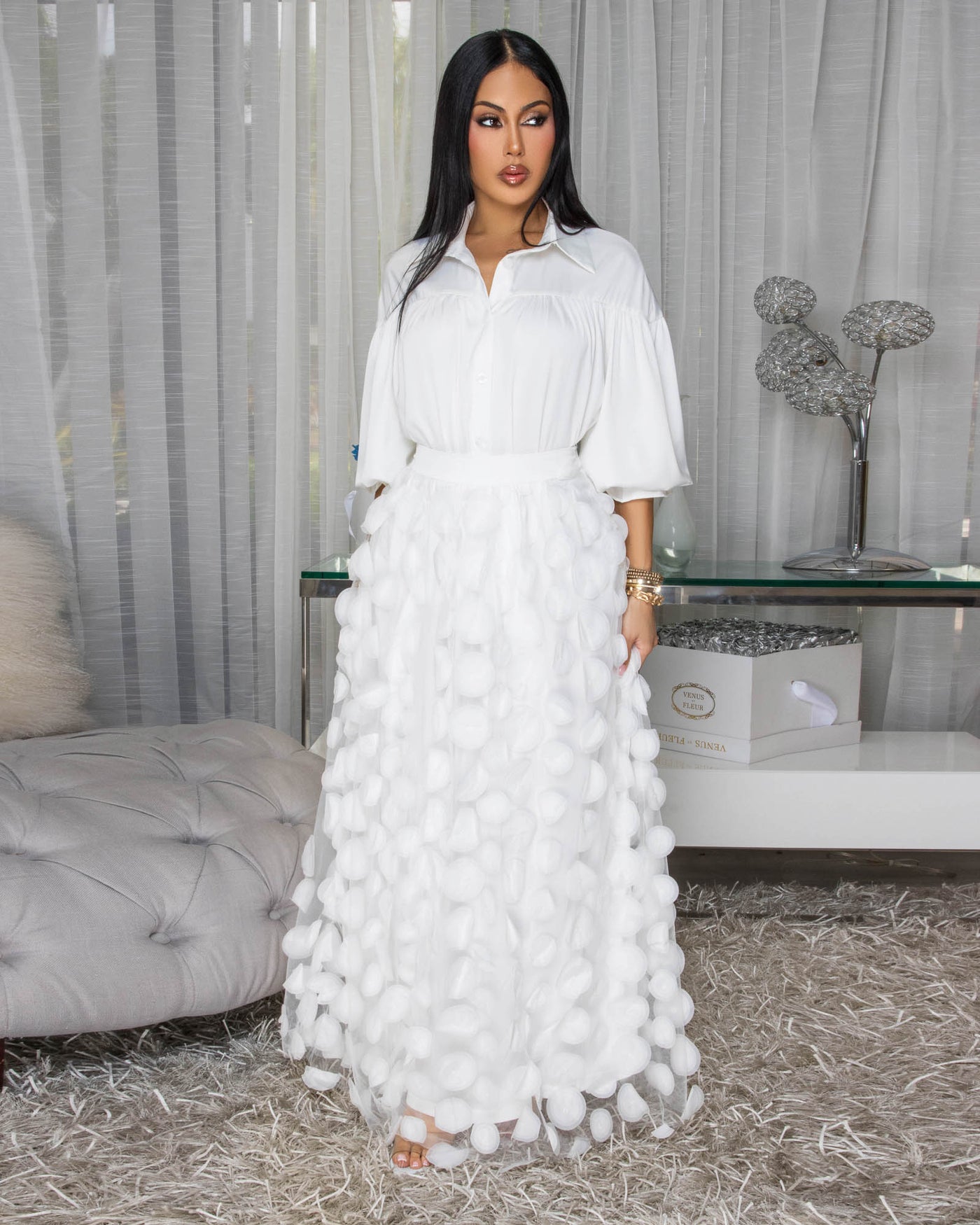 Melrose White Mesh Overlay Skirt Set