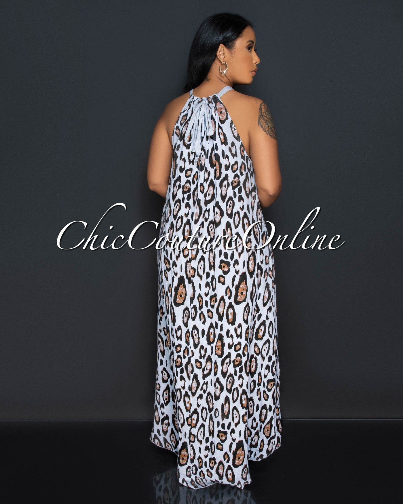 Teesa Baby Blue Leopard Print High-Low Halter LINEN Dress