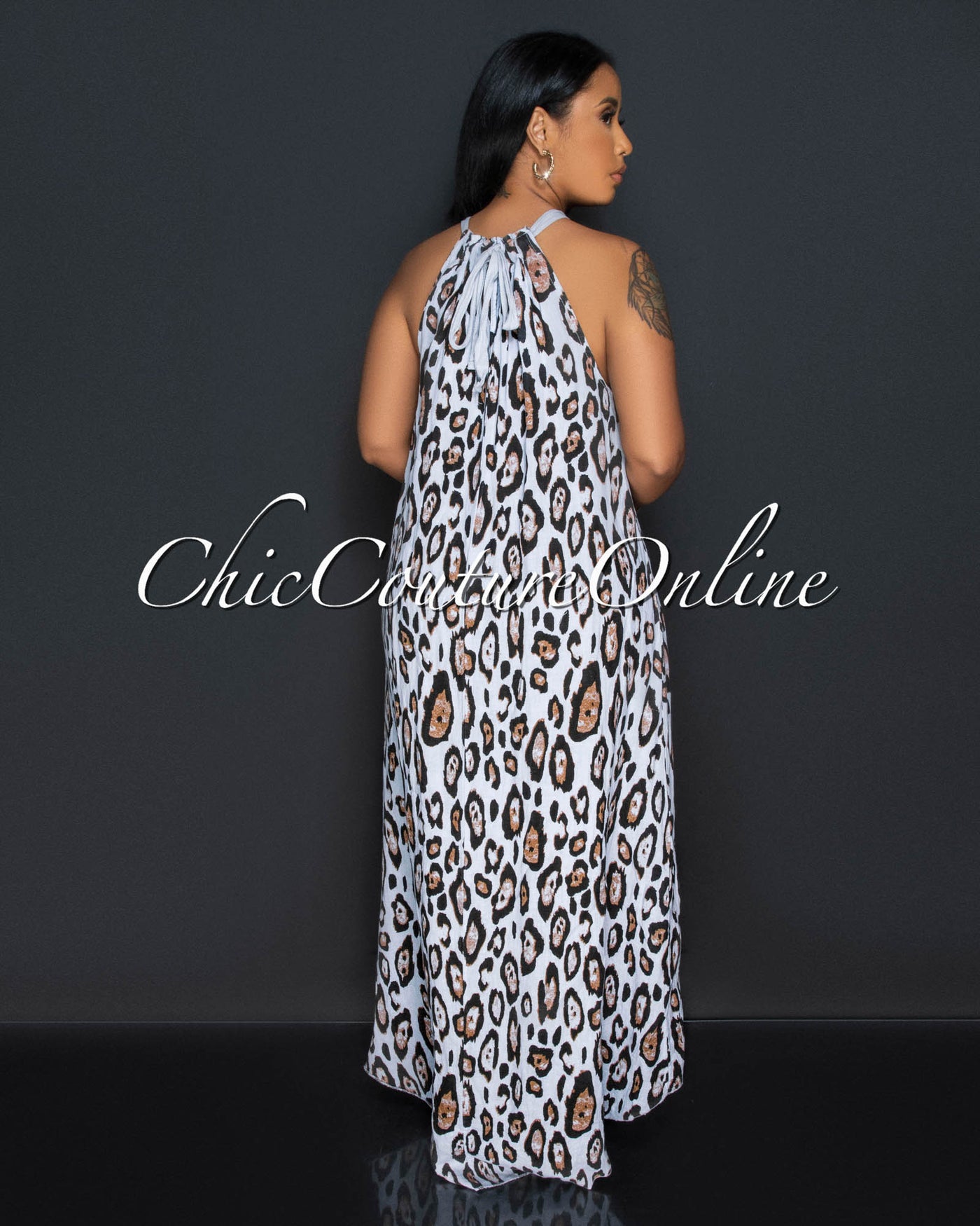 *Teesa Baby Blue Leopard Print High-Low Halter LINEN Dress