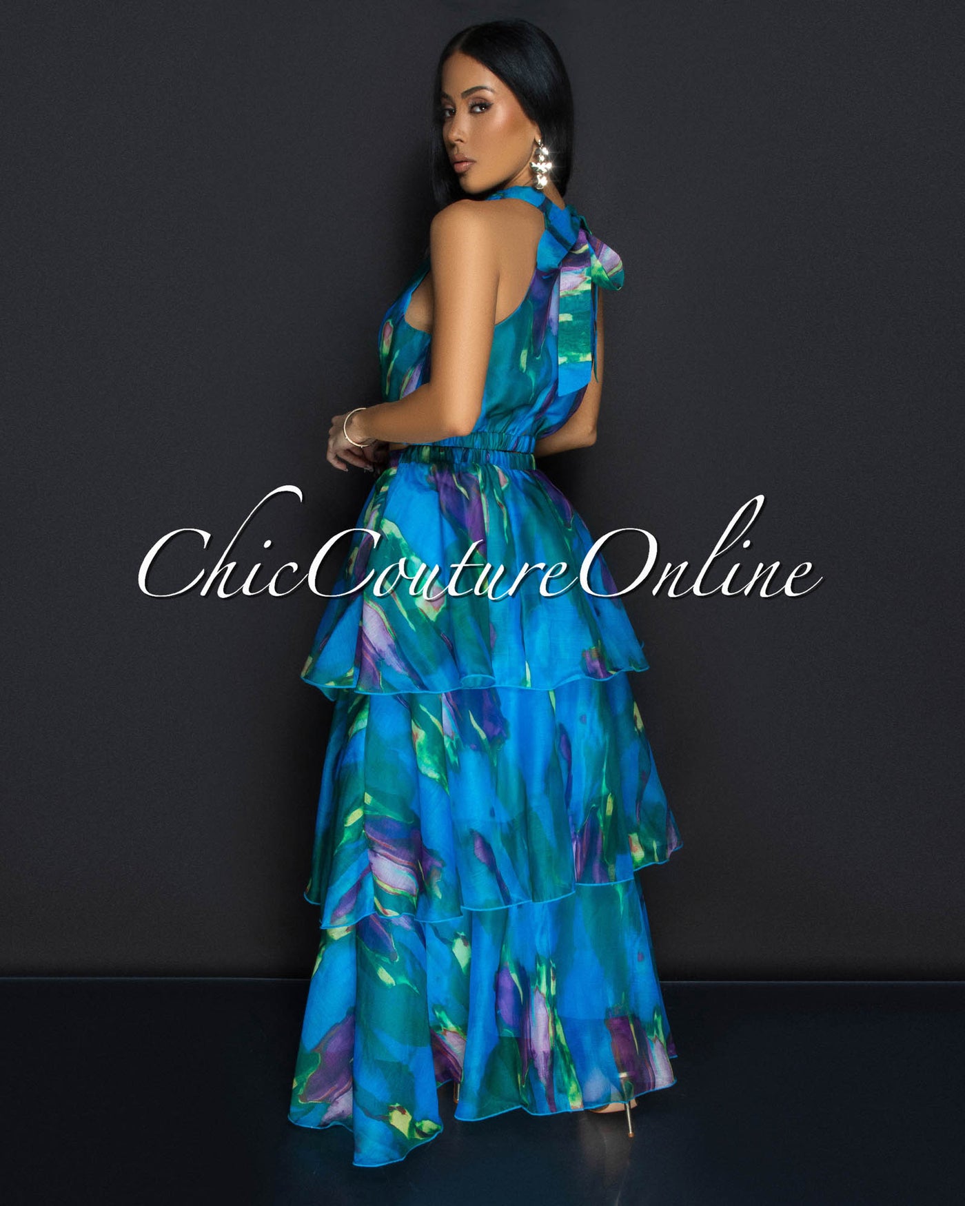 Donica Blue Multi Print Crop Top & Tier Maxi Skirt Set