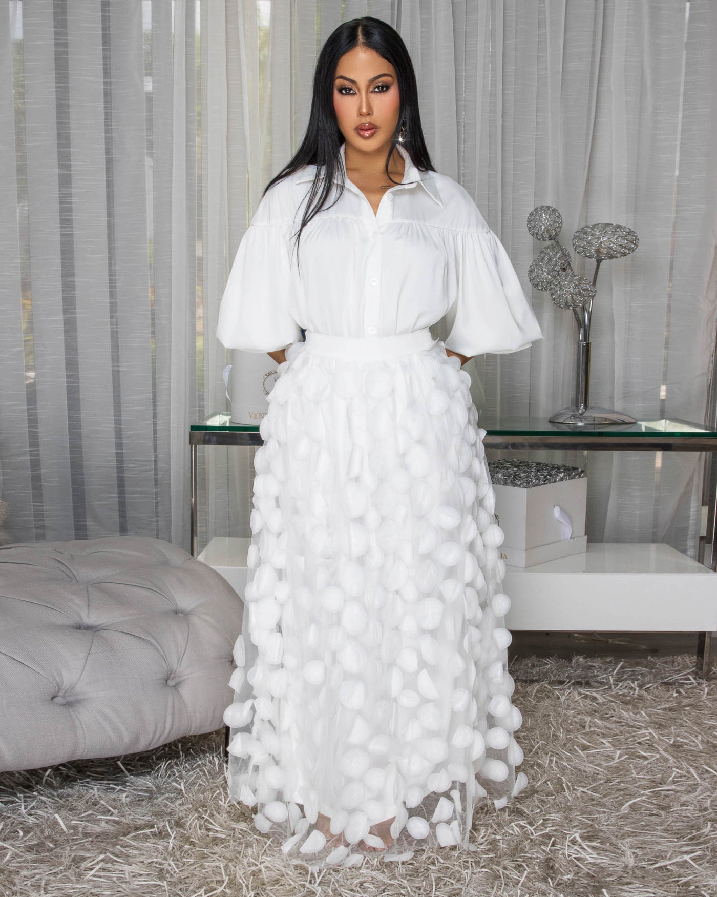 Melrose White Mesh Overlay Skirt Set