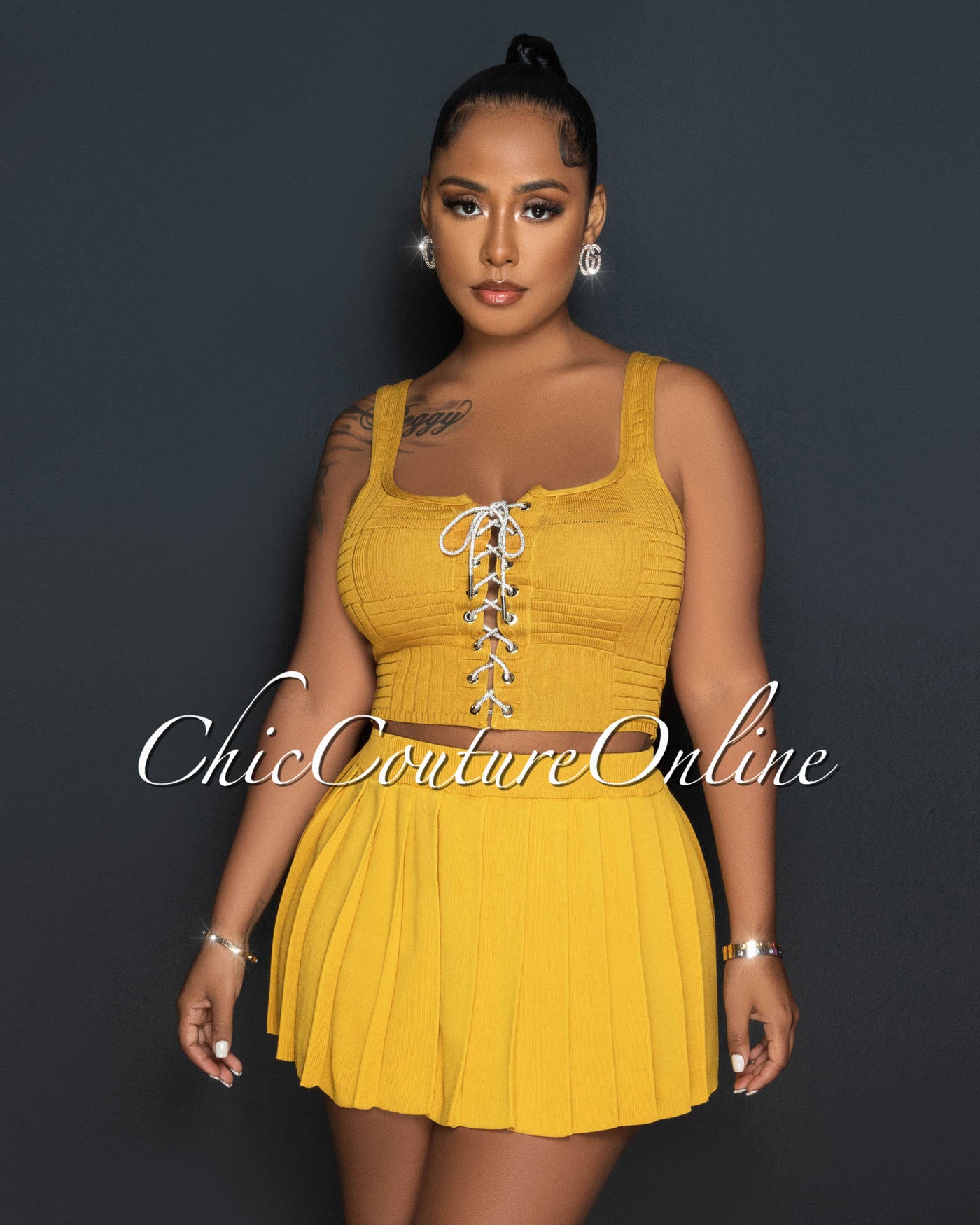 Barney Mustard Rhinestones Lace-Up Top & Mini Pleated Skirt Set