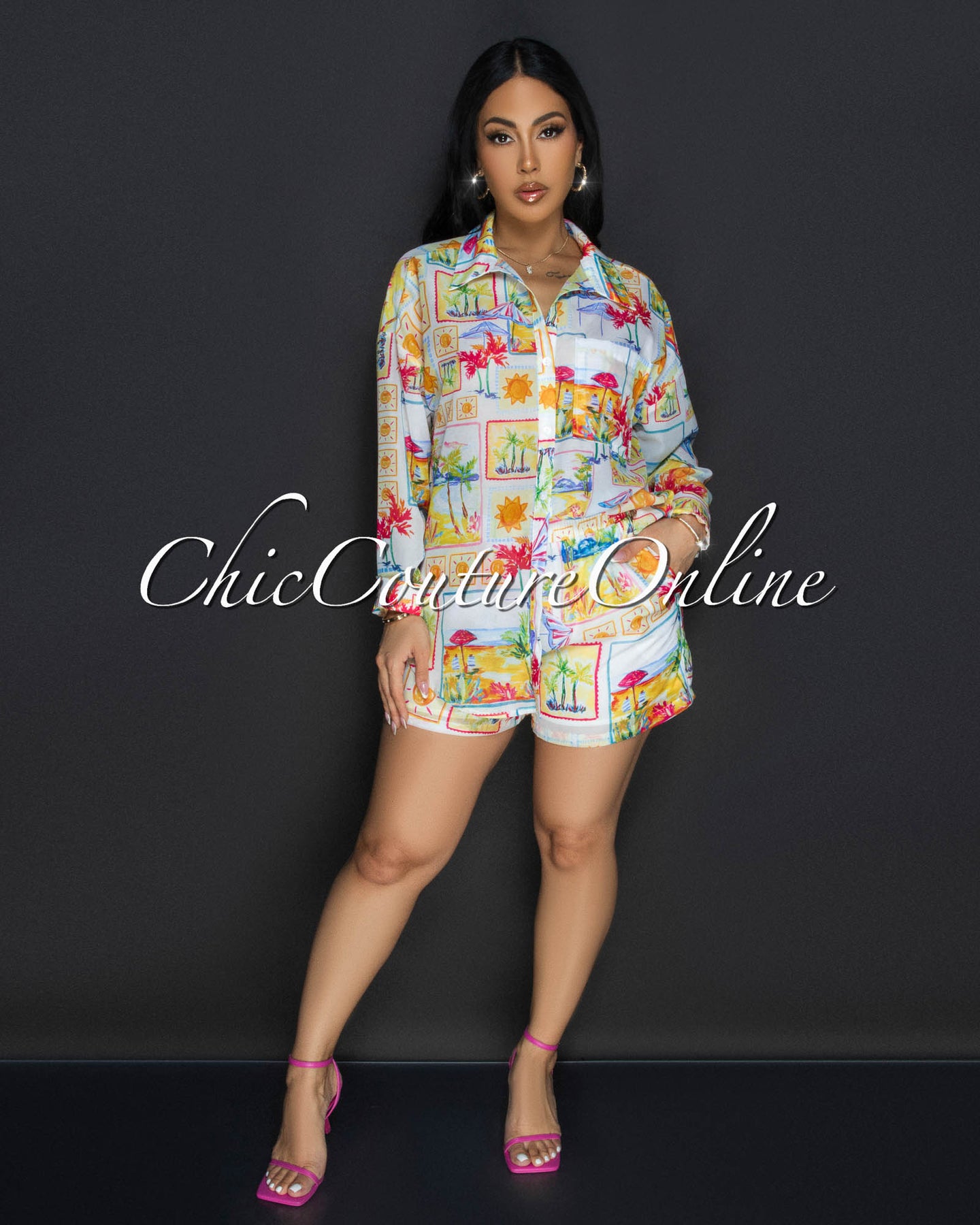 Kaya Multi Beach Print Buttoned Shirt & Shorts Set