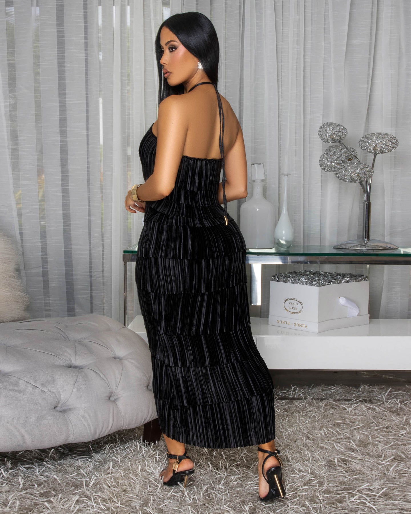 Calandra Black Pleated Midi Dress