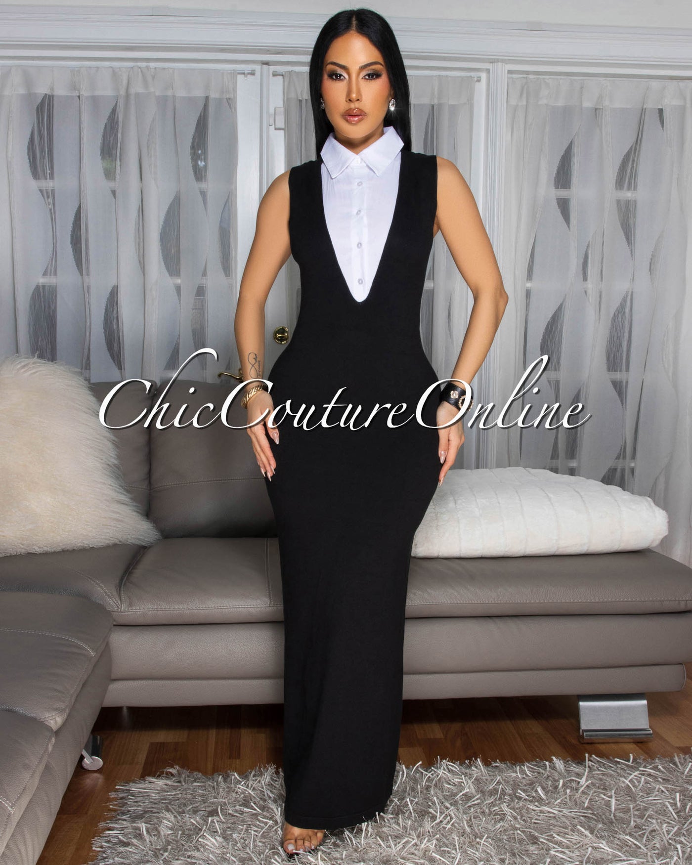 Jolienne Black White Tuxedo Maxi Dress