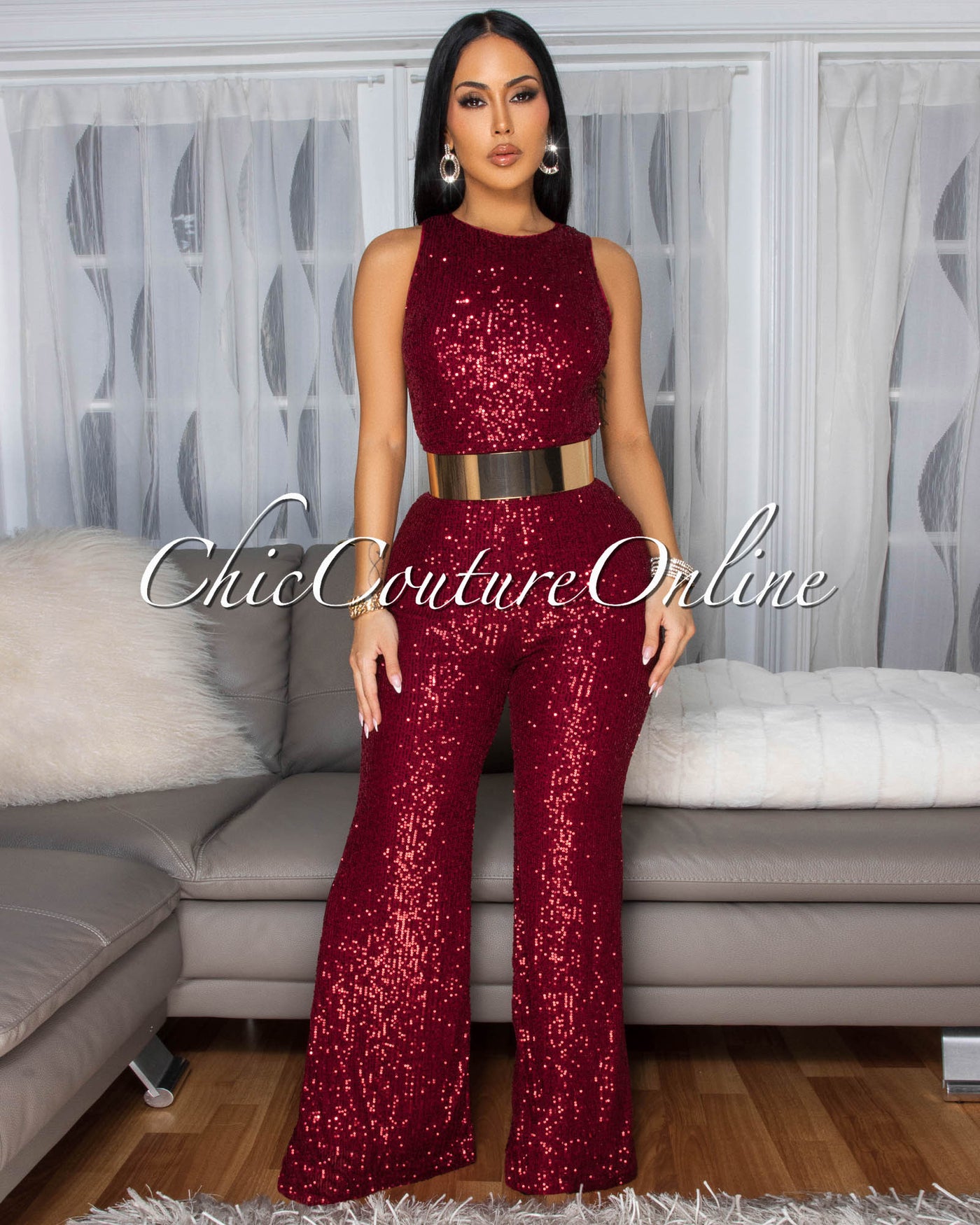 Rowena Burgundy Sequins Jumpsuit