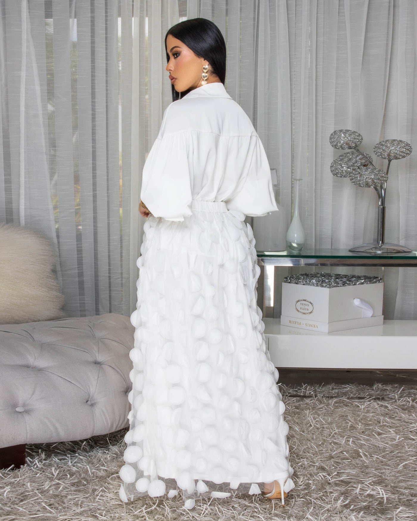 Melrose White Mesh Overlay Skirt Set