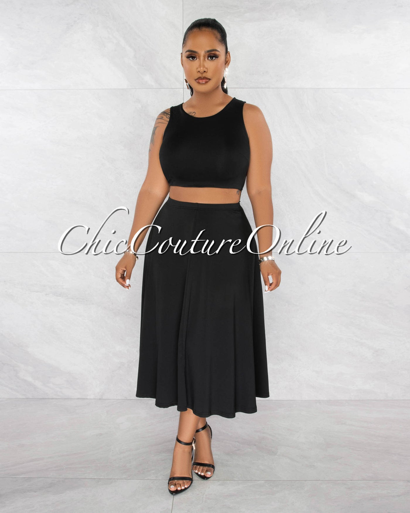 Orelie Black Crop Top & Flutter Midi Skirt Set