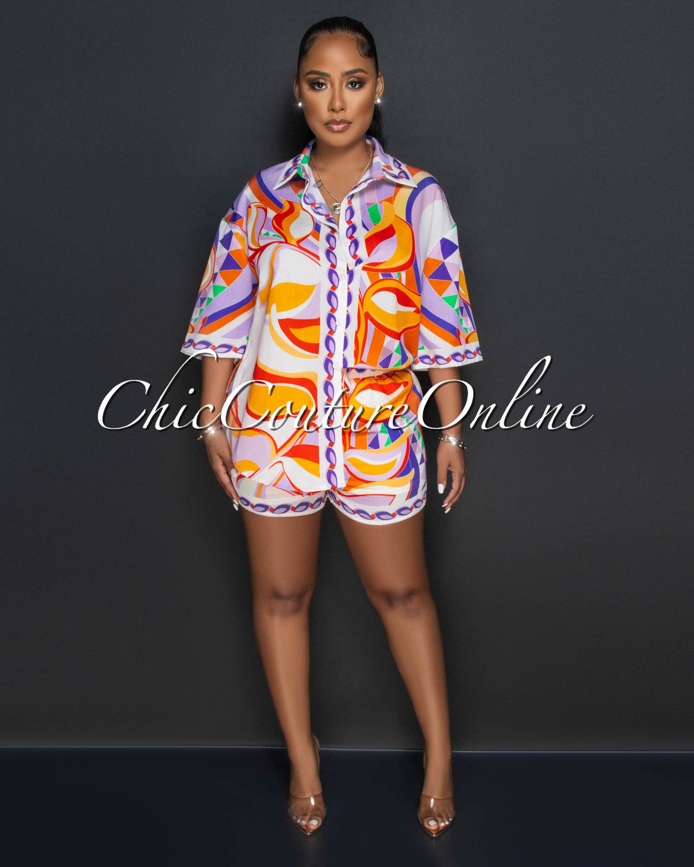 Kristina Orange Lilac Multi-Color Print Shirt & Shorts Set