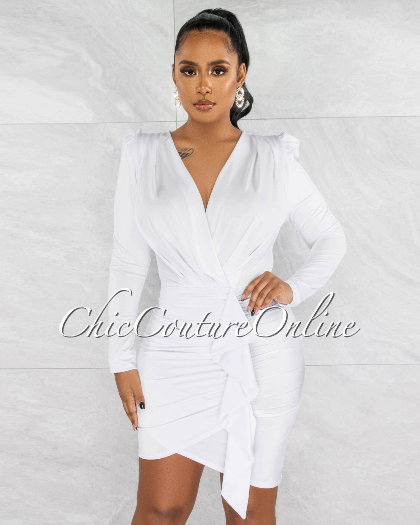 *Graciela White Deep-V Ruffle Accent Dress