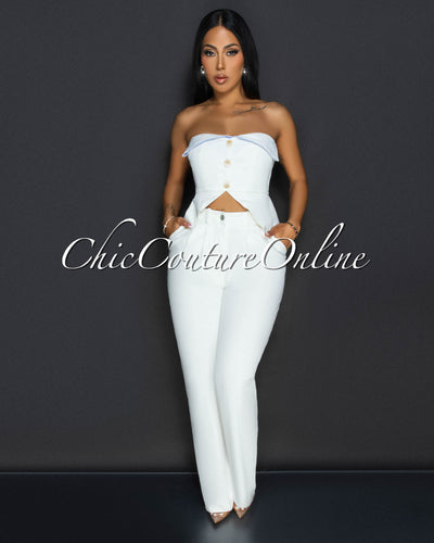 Ilary Off-White Strapless Peplum Top & Pants Set