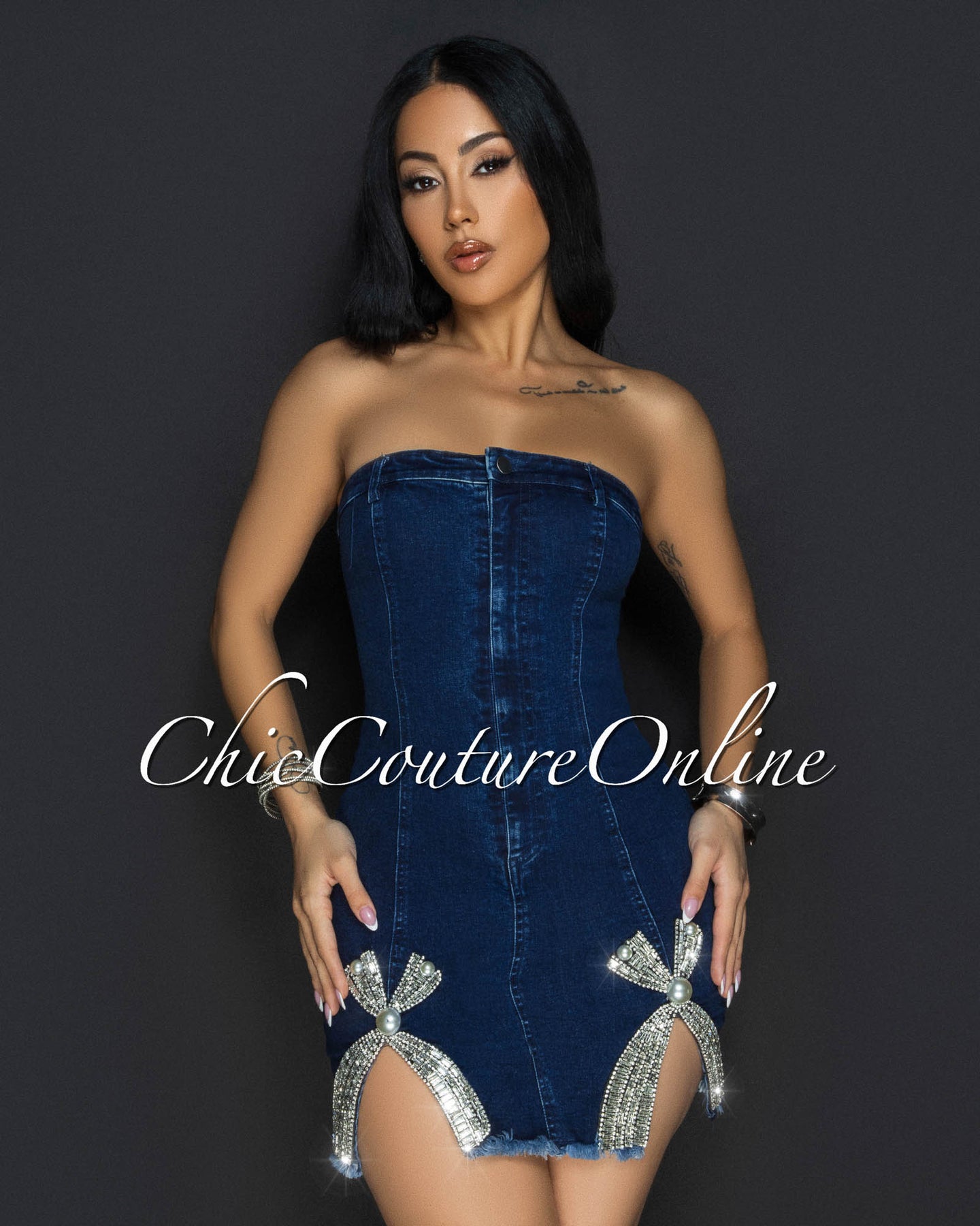 *Blanik Denim Rhinestones Accent Mini Dress