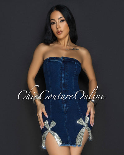 Blanik Denim Rhinestones Acccent Mini Dress