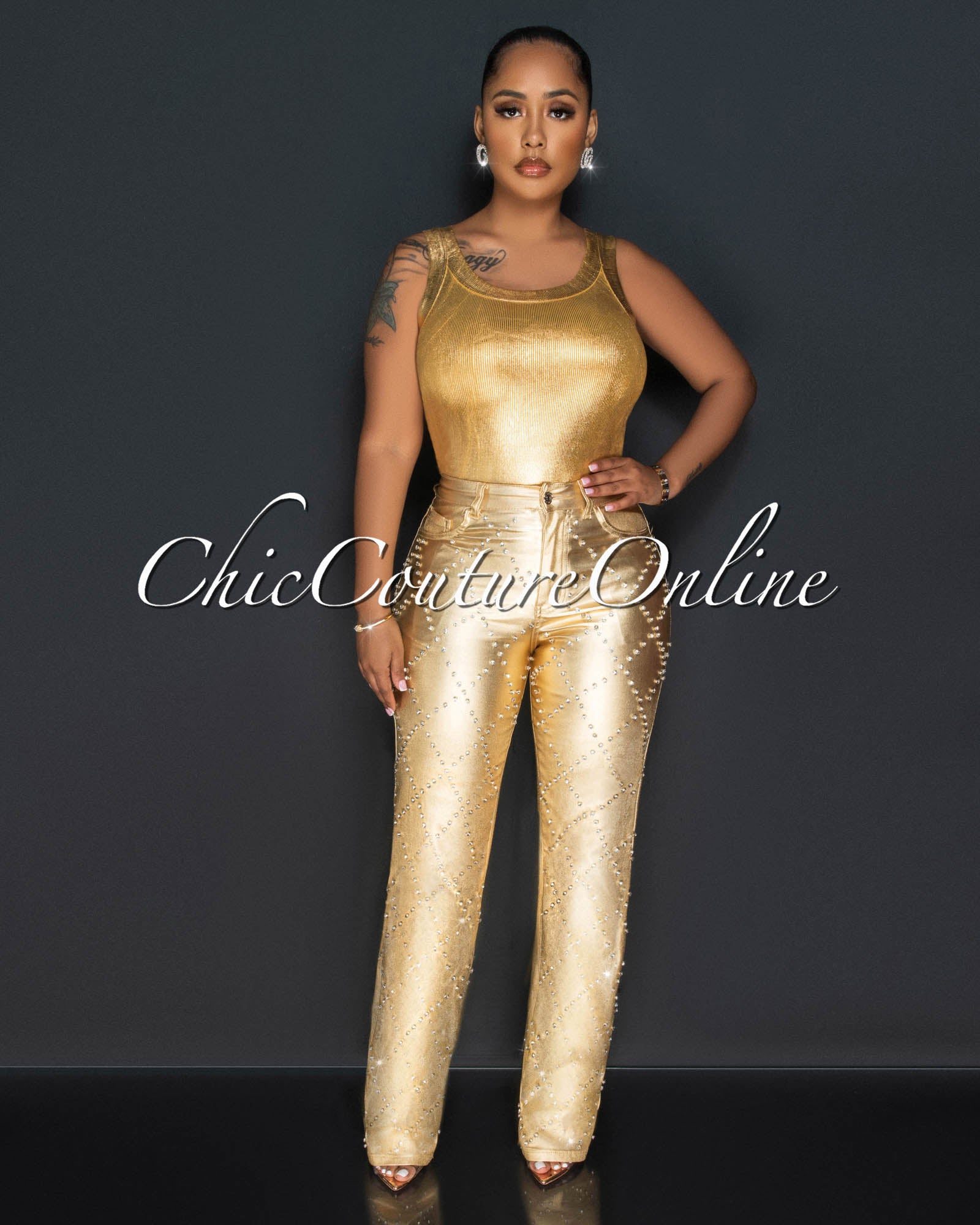 *Ruth Gold Rhinestones Lattice Pattern Wide Legs Jeans