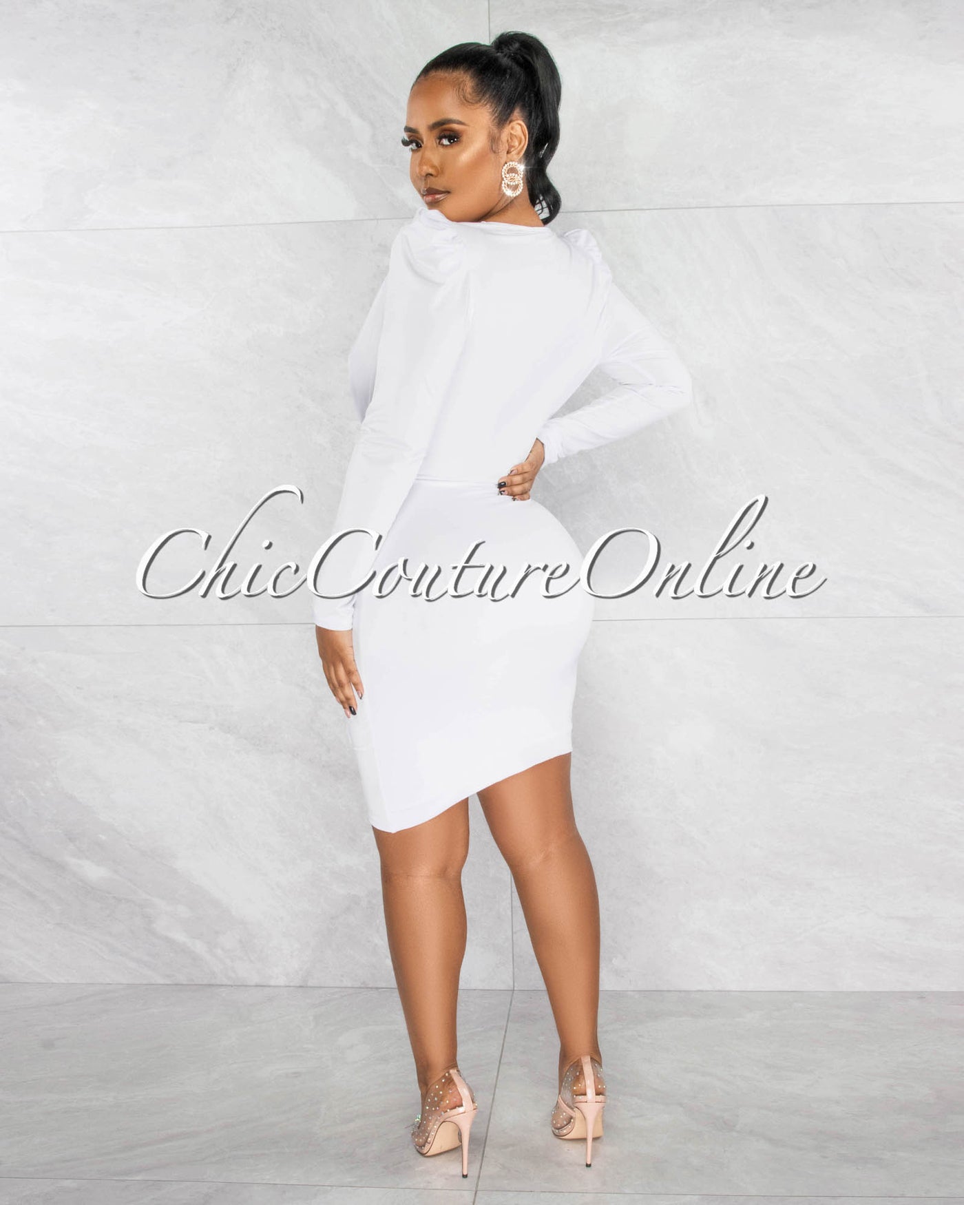 *Graciela White Deep-V Ruffle Accent Dress