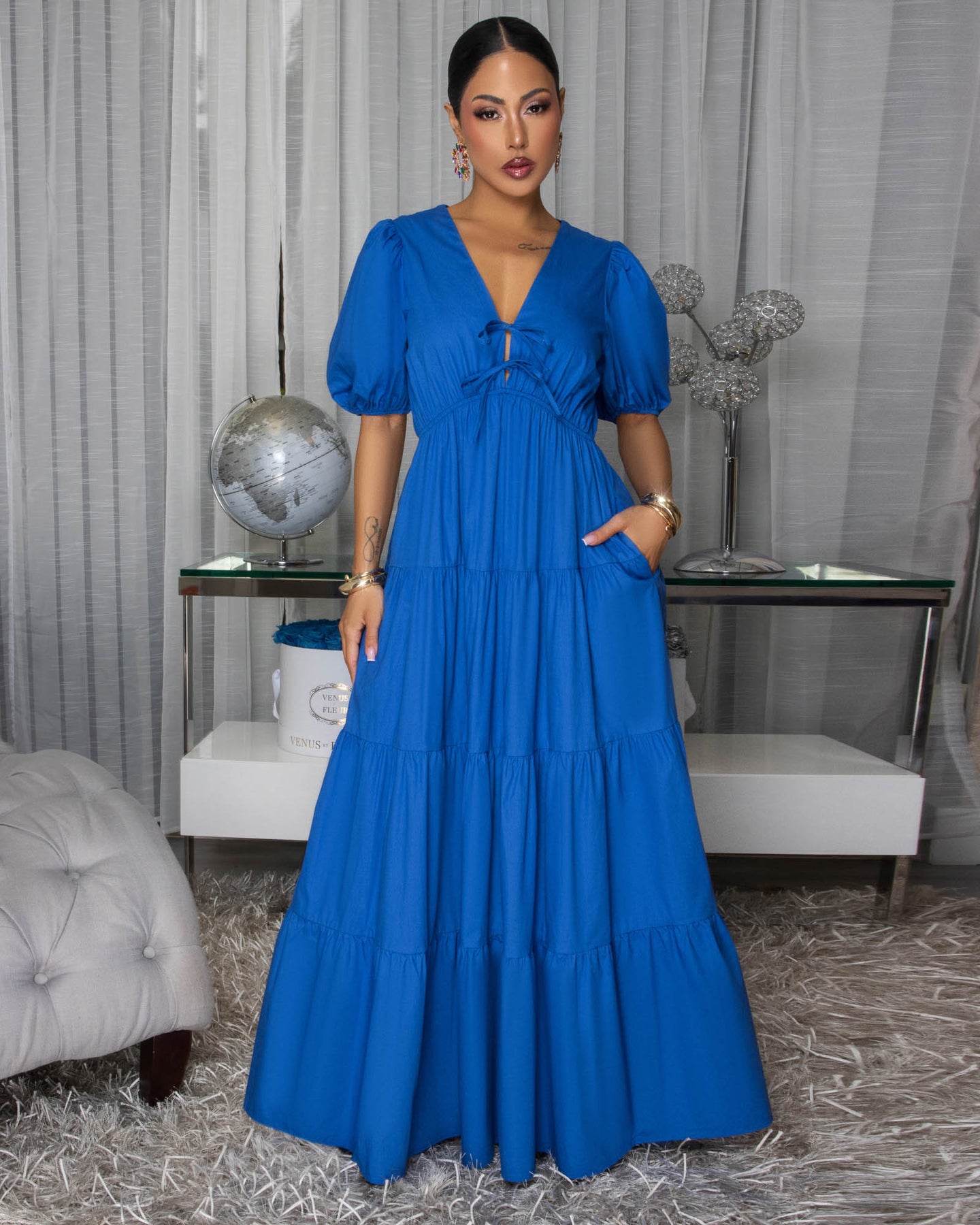 Malika Royal-Blue Tiered Maxi Dress