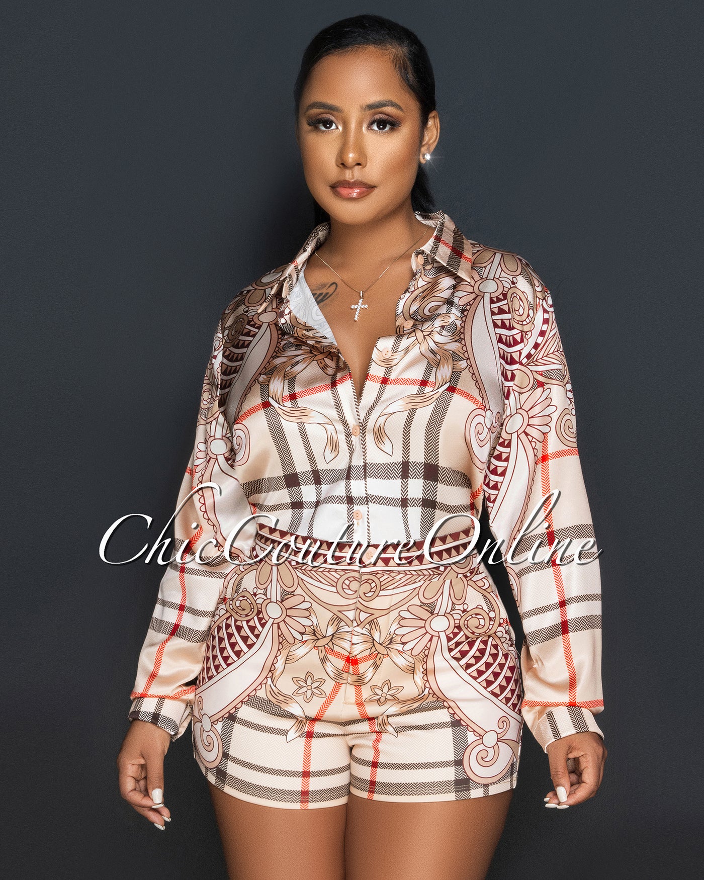 Bethany Nude Plaid Print Silky Shirt & Shorts Set