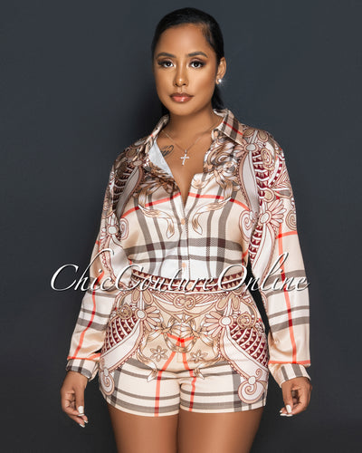 Bethany Nude Plaid Print Silky Shirt & Shorts Set